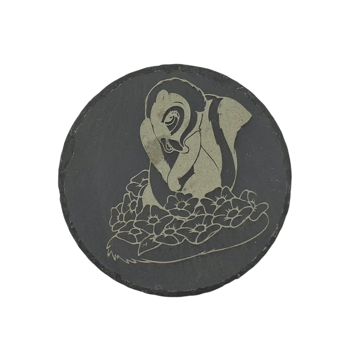 Sous-verre rond en ardoise gravée – Bambi – Fleurs