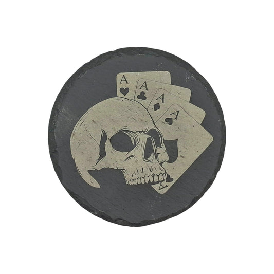 Sous-verre rond en ardoise gravée crâne et cartes – Created Artisan