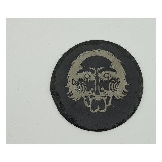 Sous-verre rond en ardoise gravée – Crâne steampunk