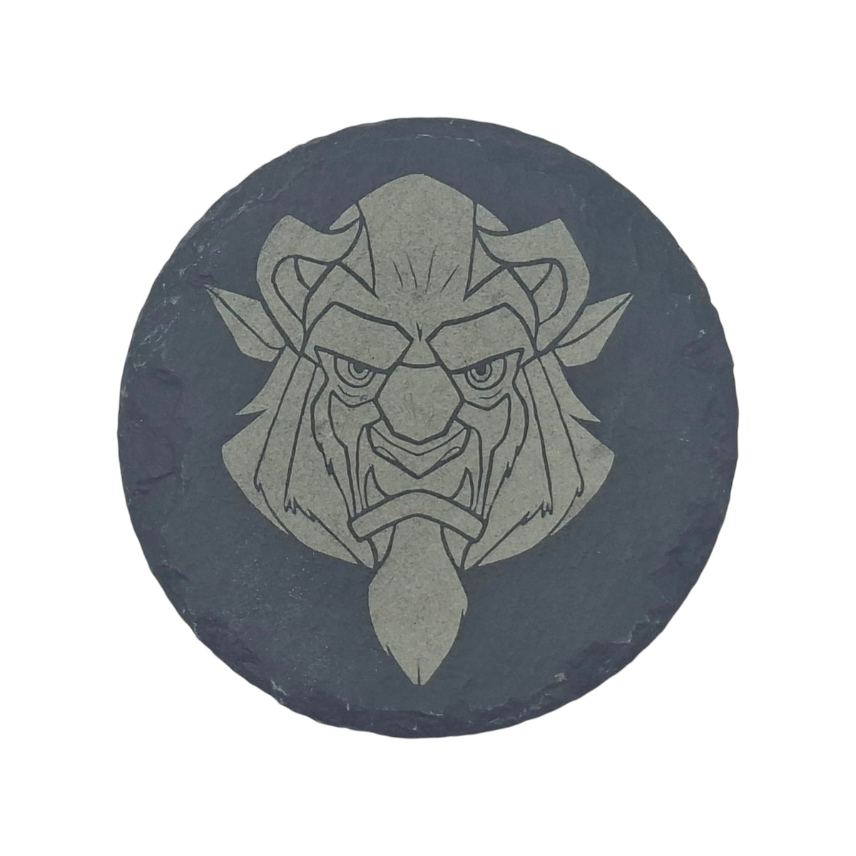 Sous-verre rond en ardoise gravée La Belle et la Bête – La Bête – Created Artisan