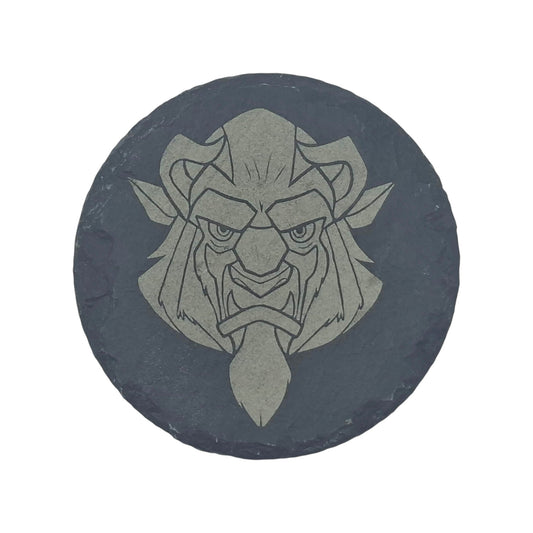 Sous-verre rond en ardoise gravée La Belle et la Bête – La Bête – Created Artisan
