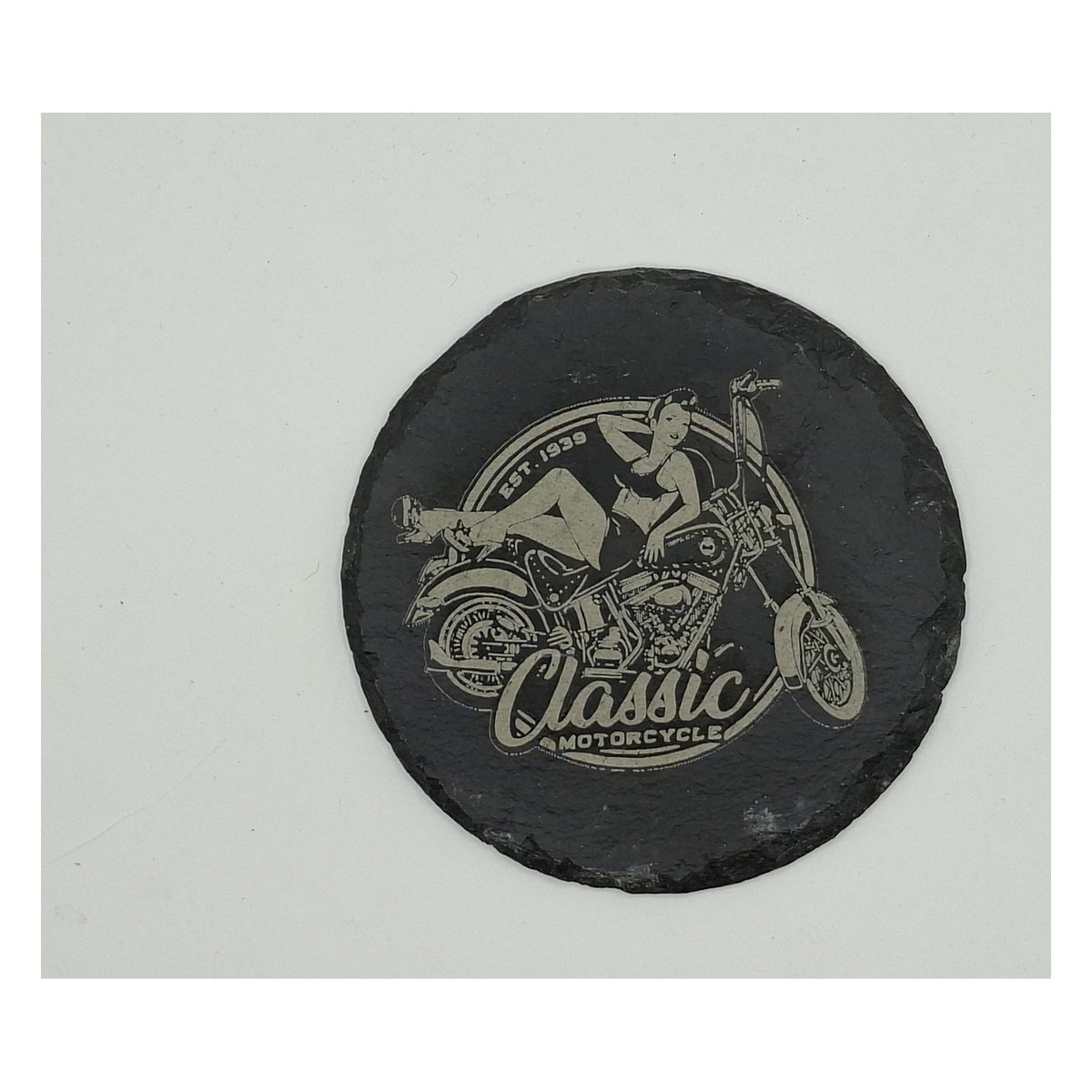 Sous-verre rond en ardoise gravée – Moto classique