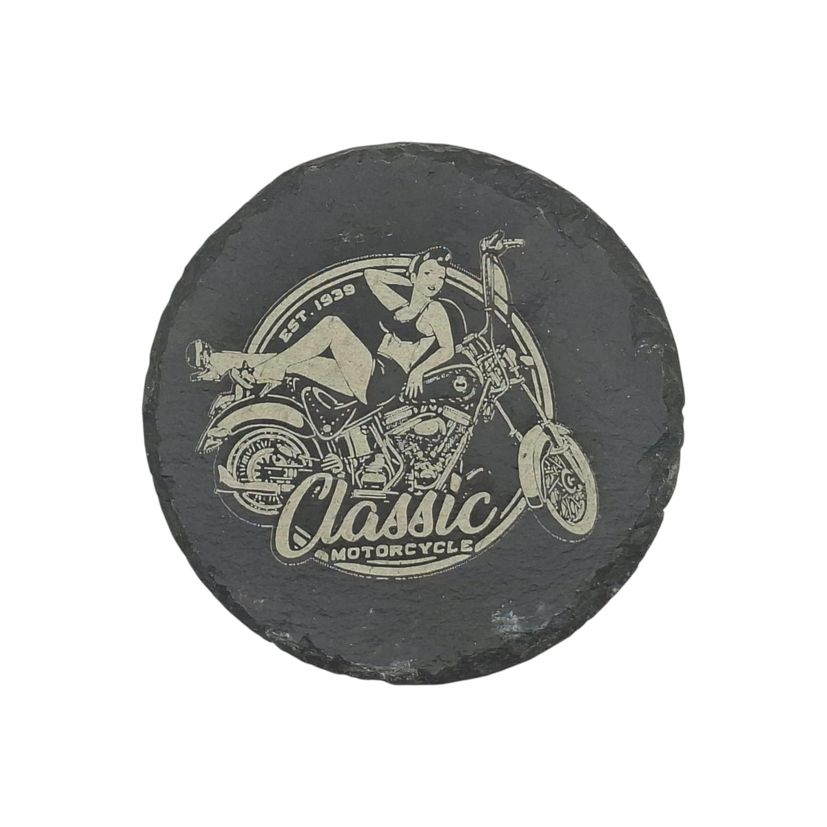 Round engraved slate coaster classic motorcycle – Created Artisan