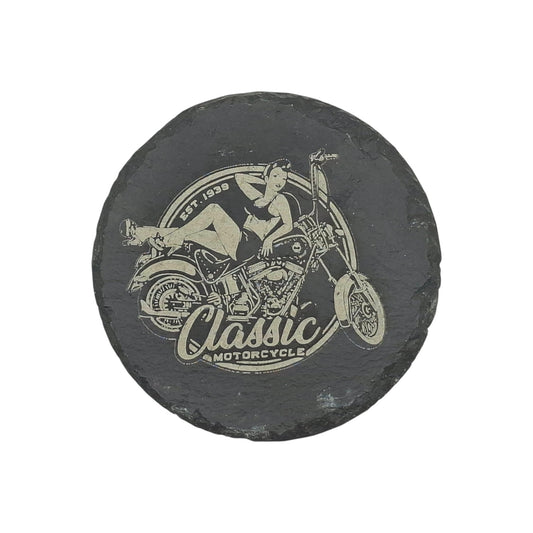 Round engraved slate coaster classic motorcycle – Created Artisan