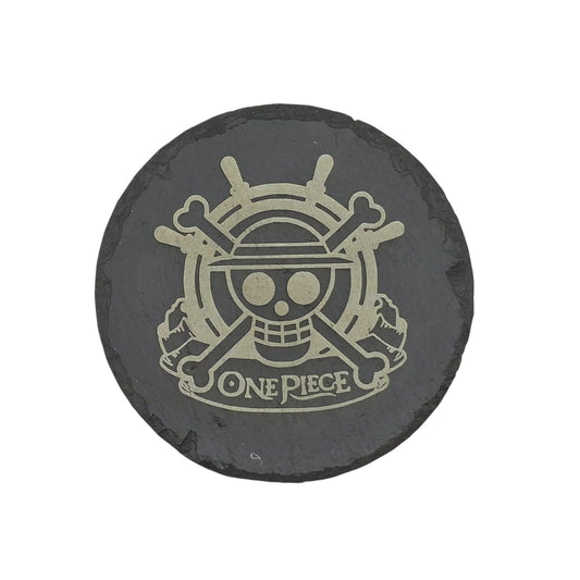 Sous-verre rond en ardoise gravée – One Piece – Jolly Roger