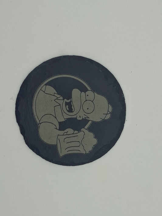 Sous-verre rond en ardoise gravée – Les Simpson Homer avec bière