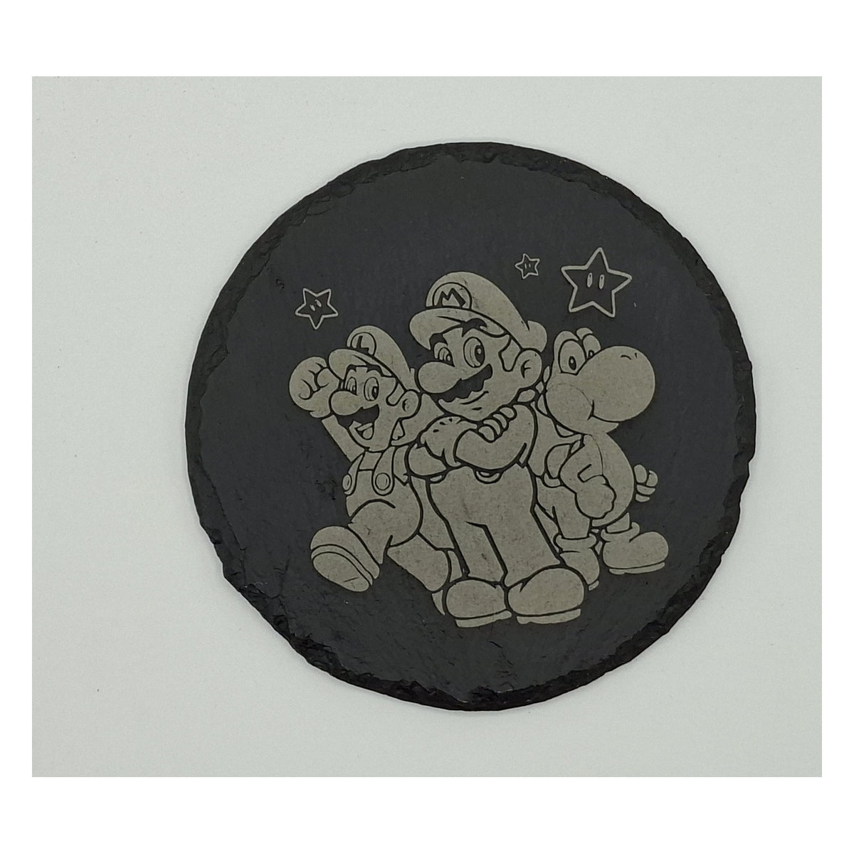 Sous-verre rond en ardoise gravée – Super Mario