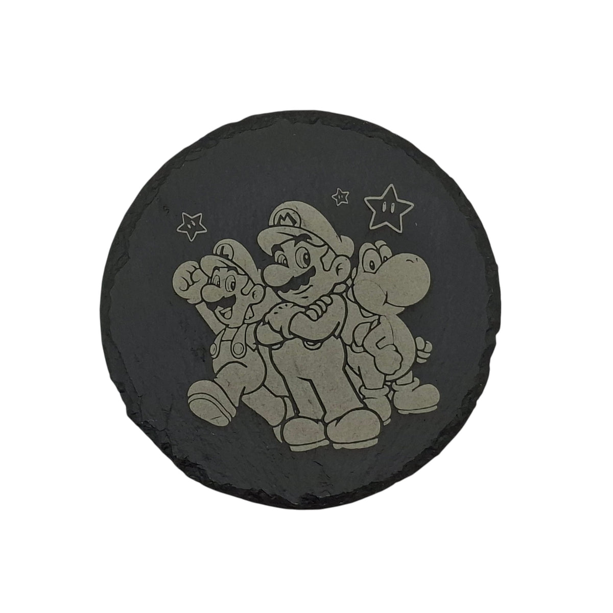 Sous-verre rond en ardoise gravée – Super Mario