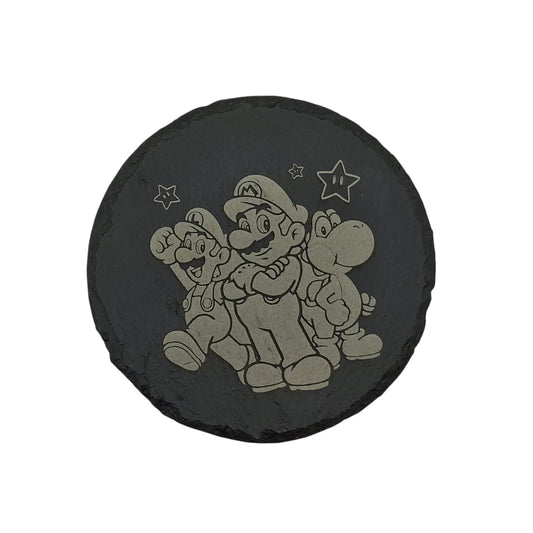 Sous-verre rond en ardoise gravée – Super Mario