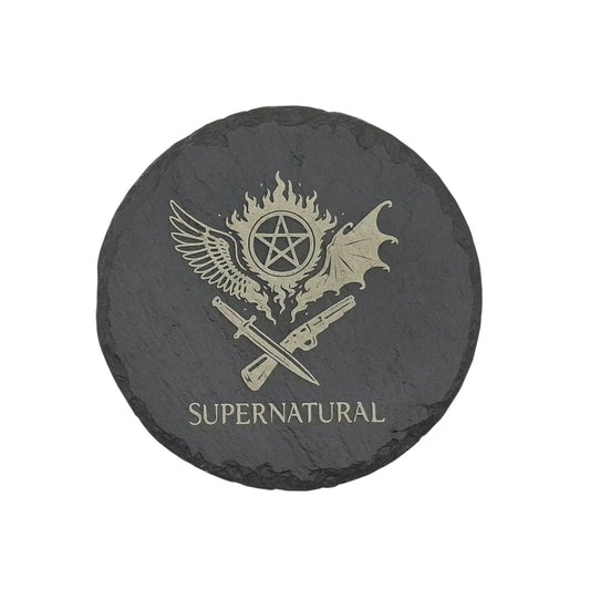 Sous-verre rond en ardoise gravée – Supernatural – Pentagramme anti-possession