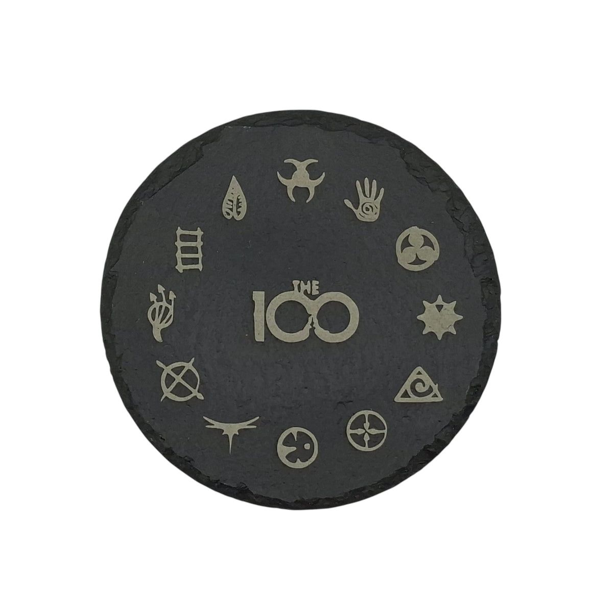 Sous-verre rond en ardoise gravée – The 100 – Symboles