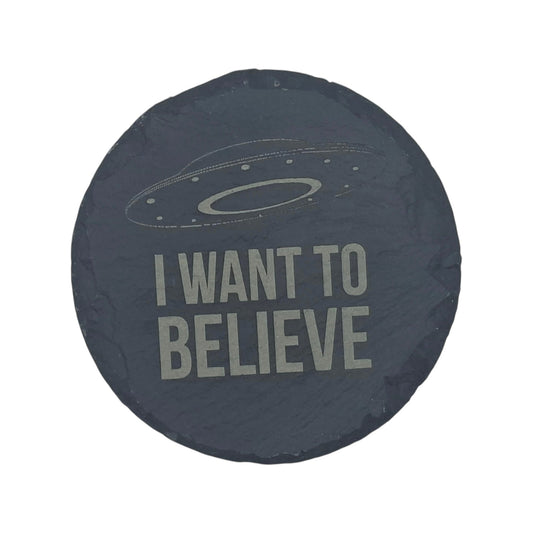 Sous-verre rond en ardoise gravée The X-Files I Want to Believe – Created Artisan