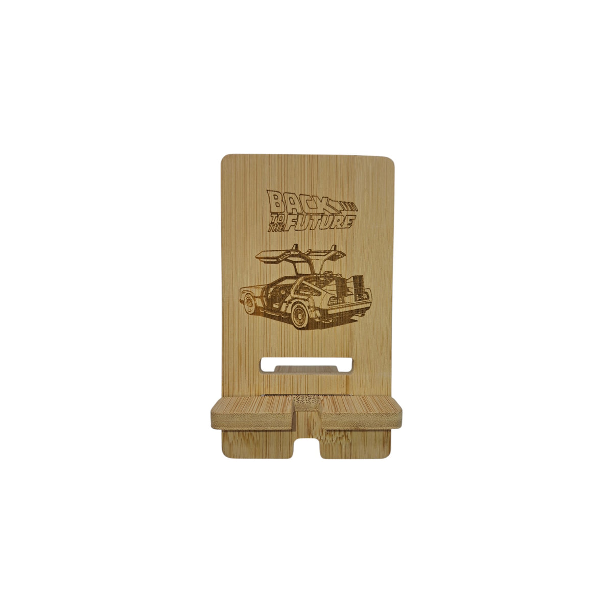 Support smartphone en bois gravé – Back to the Future – Created Artisan