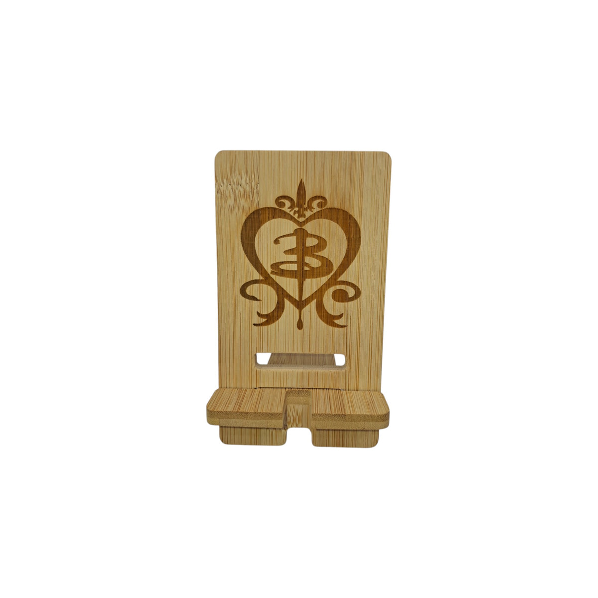 Support smartphone en bois gravé – Buffy – Created Artisan
