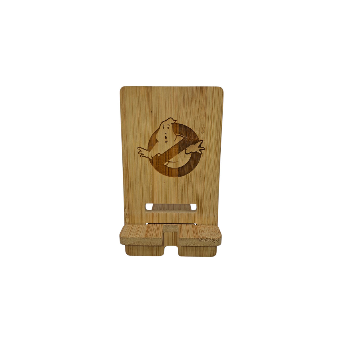Support smartphone en bois gravé – Ghostbusters – Created Artisan