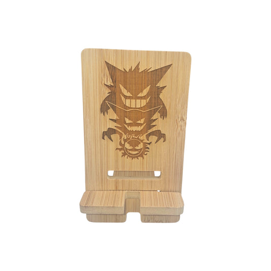 Support smartphone en bois gravé – Pokémon – Ectoplasma – Created Artisan