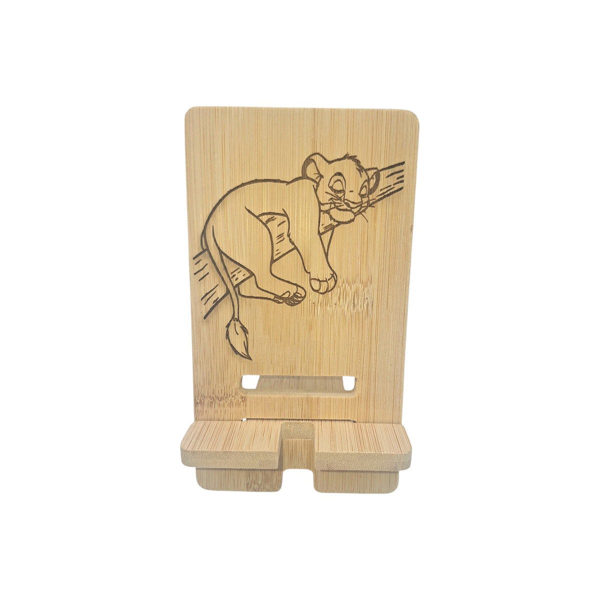 Support smartphone en bois gravé – Le Roi Lion – Simba – Created Artisan