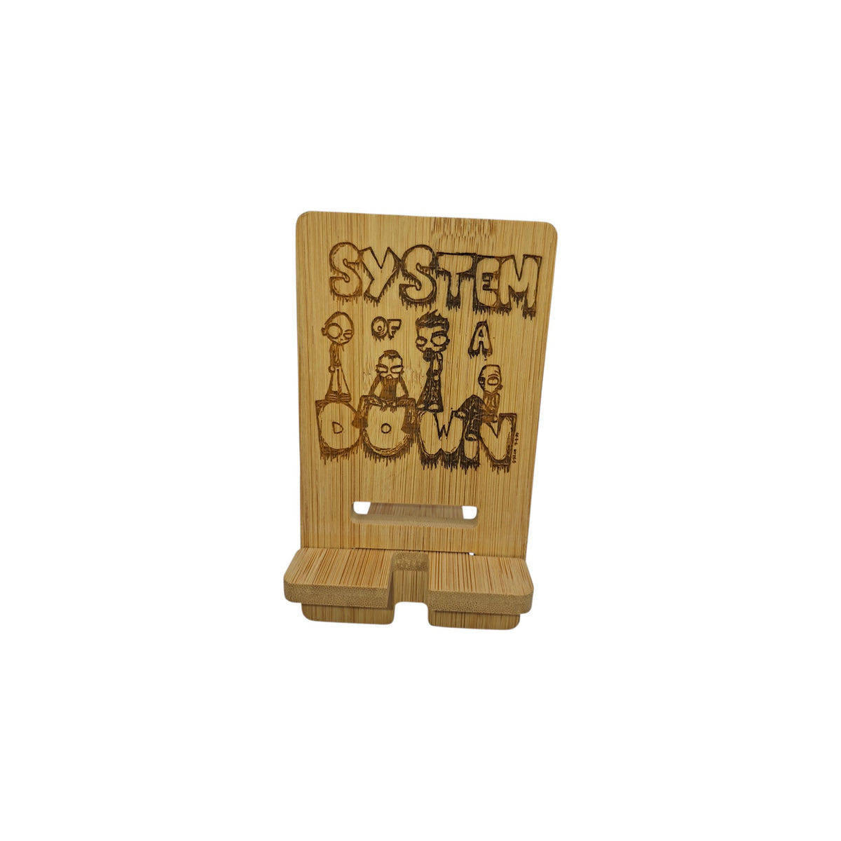 Support smartphone en bois gravé – System of a Down – Created Artisan