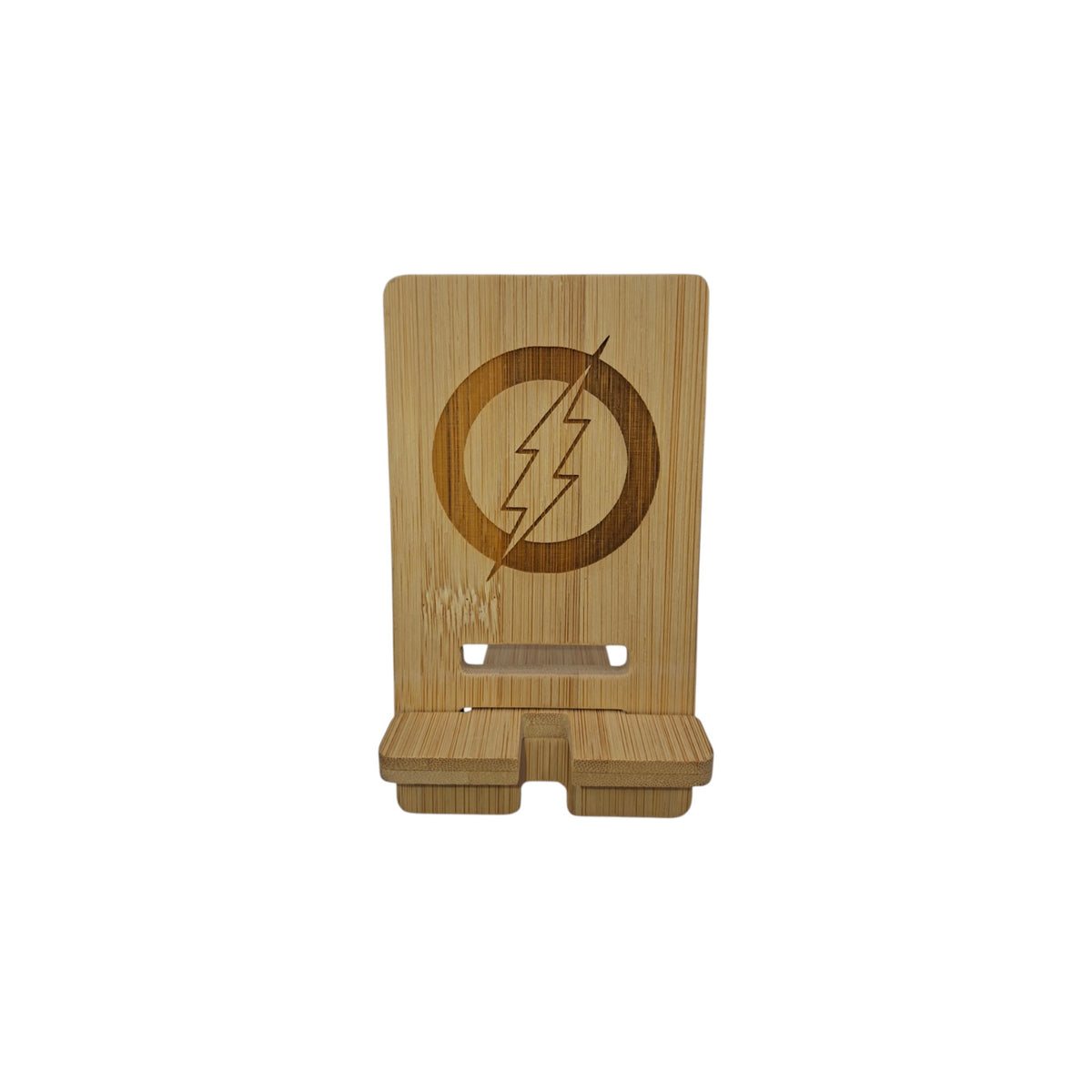 Support smartphone en bois gravé – The Flash – Created Artisan